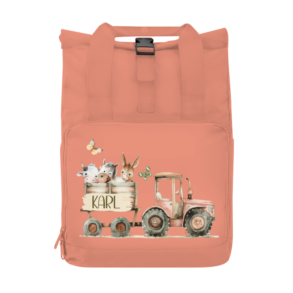 Kinderrucksack mit Bauernhof-Motiv – personalisiert mit Namen, Traktor und Tieren – aus recyceltem Polyester, ideal für Kindergarten – wolga-kreativ