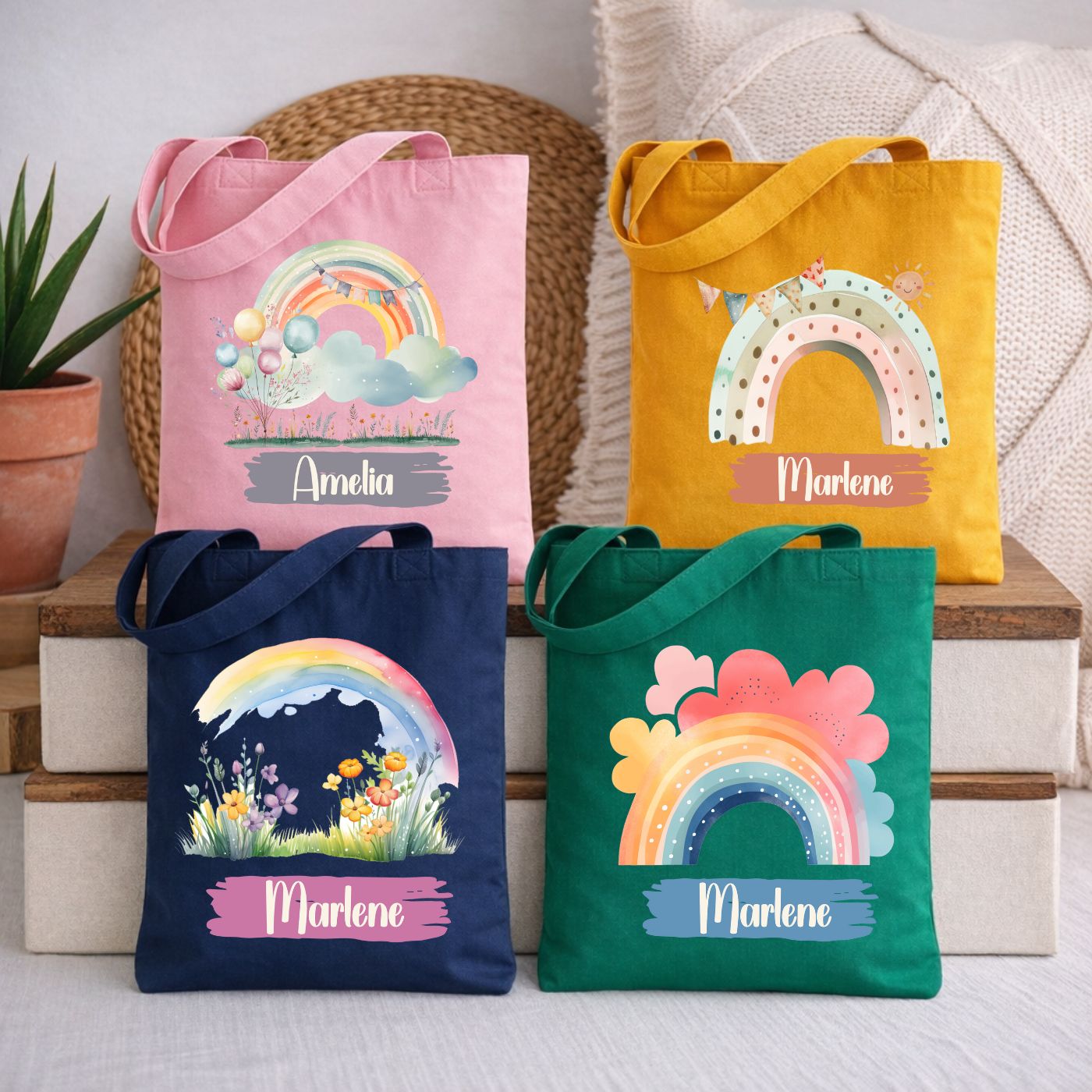 Personalisierte Kindertasche mit Regenbogen Motiv und Wunschnamen