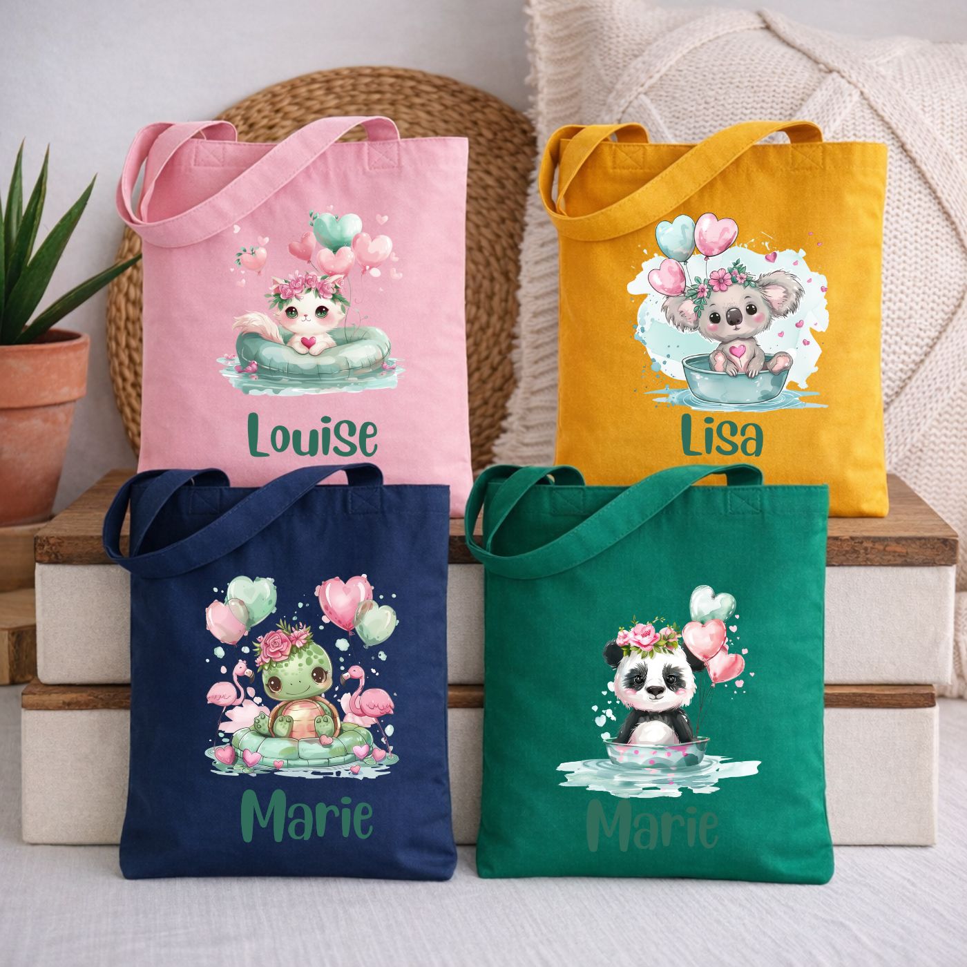 Personalisierte Stofftasche für Kinder mit Tiermotiven und Luftballon sowie Wunschnamen