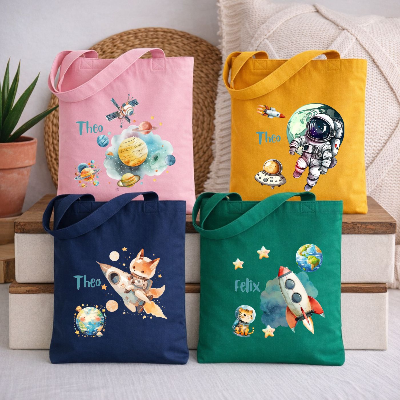Personalisierte Stofftasche für Kinder mit Weltall Motiven und Wunschnamen