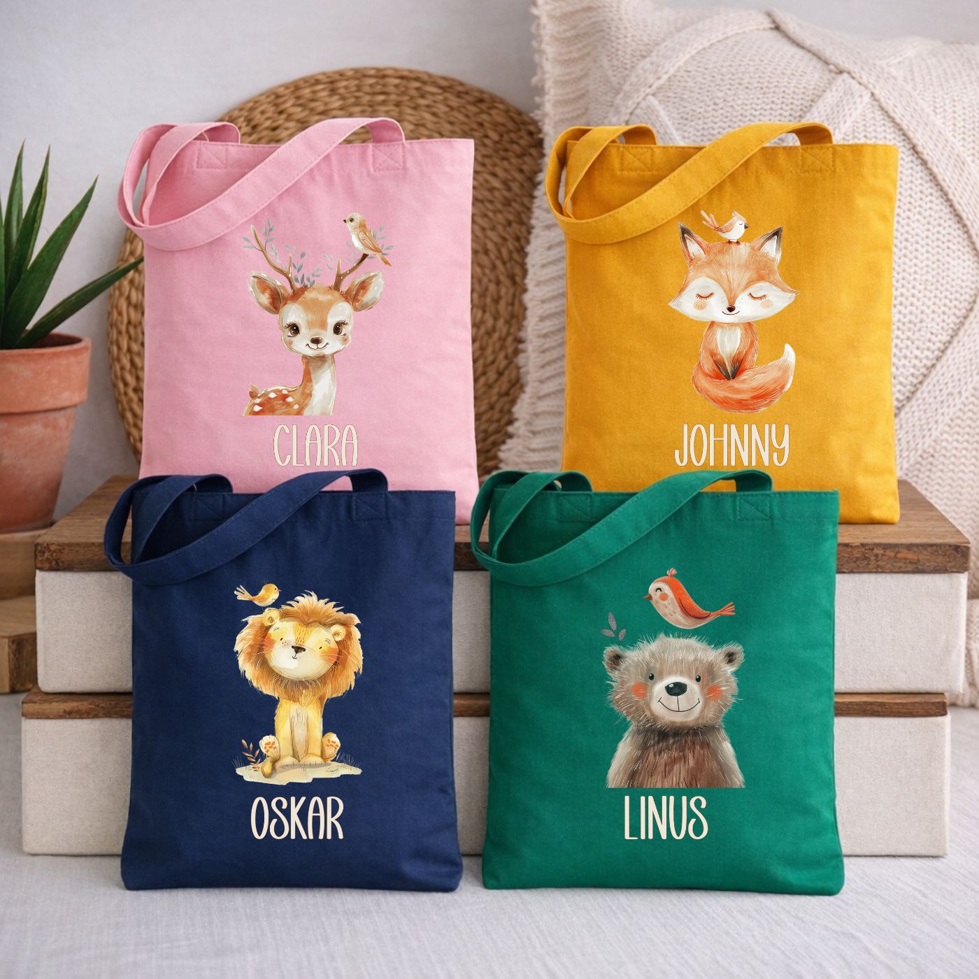 Personalisierte Stofftasche für Kinder mit Tiermotiven und Wunschnamen