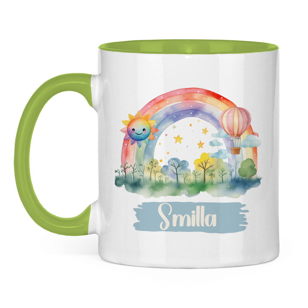 Kindertasse mit Regenbogen und Namen – personalisierte Keramiktasse für Kinder in buntem Design

