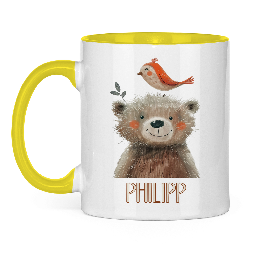 Kindertasse mit Tiermotiven in Beige und Wunschnamen – personalisierte Keramiktasse für Kinder