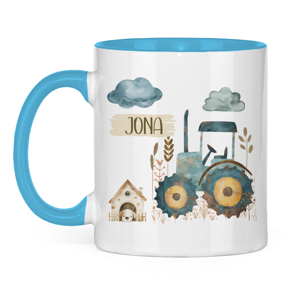 Kindertasse mit Traktor und Wunschnamen – personalisierte Keramiktasse mit Bauernhof-Motiv für Kinder