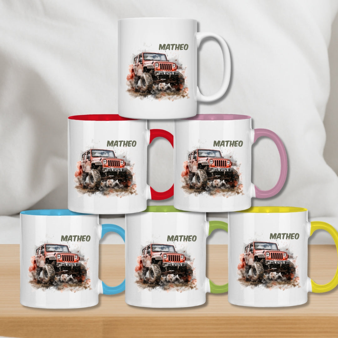 Kindertasse personalisiert – Keramiktasse mit Auto oder Rennwagen und Namen
