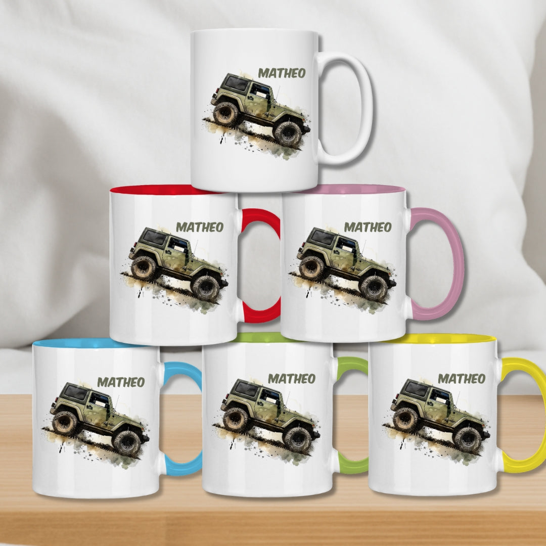 Kindertasse personalisiert – Keramiktasse mit Auto oder Rennwagen und Namen