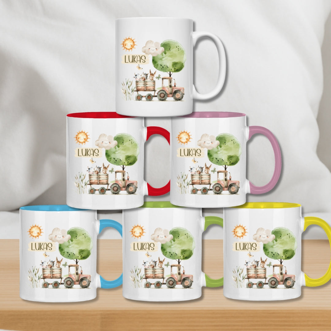 Kindertasse personalisiert – Keramiktasse mit Traktor und Namen für Kinder