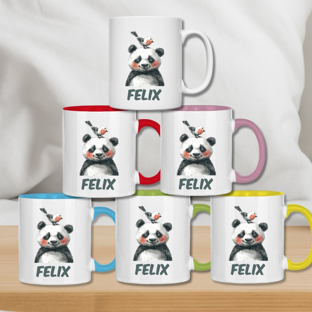 Kindertasse personalisiert – Keramiktasse mit bunten Tieren und Namen
