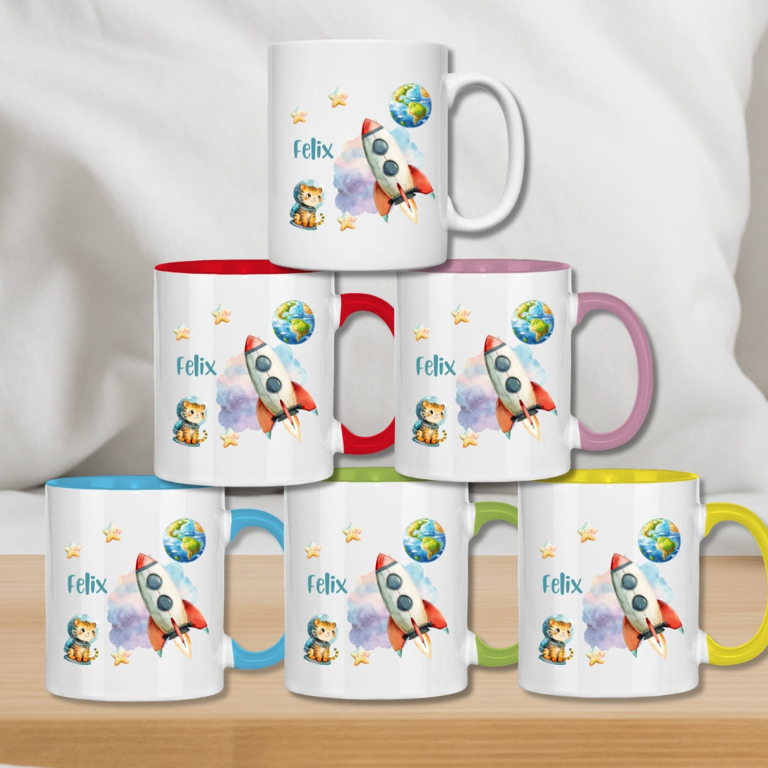 Kindertasse personalisiert – Keramiktasse mit Weltall, Rakete und Namen