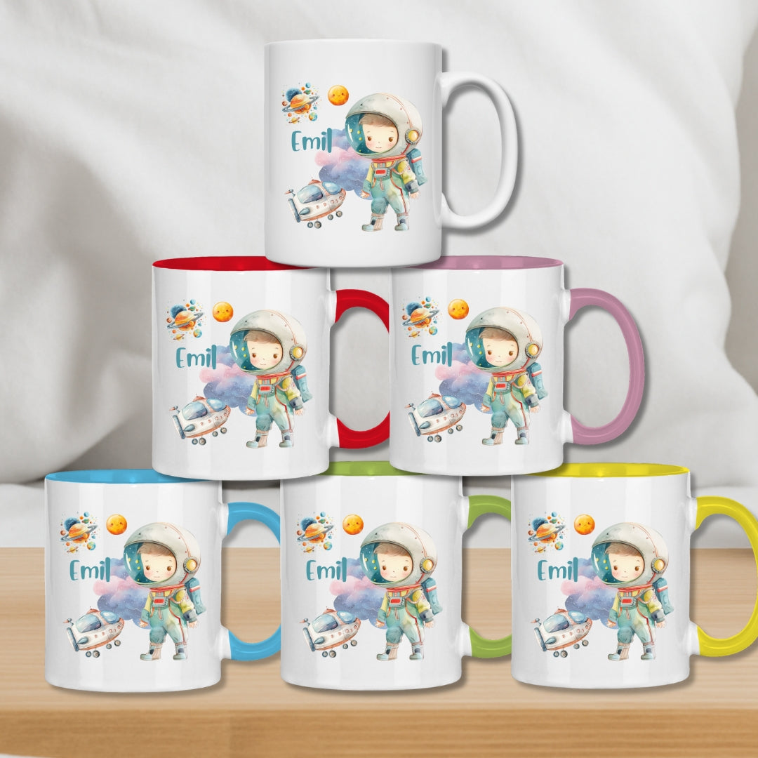 Kindertasse personalisiert – Keramiktasse mit Weltall, Rakete und Namen