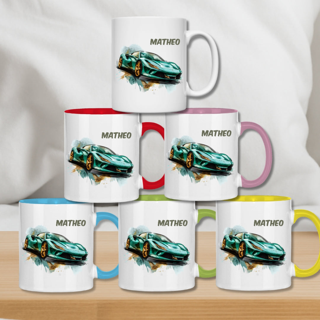 Kindertasse personalisiert – Keramiktasse mit Auto oder Rennwagen und Namen