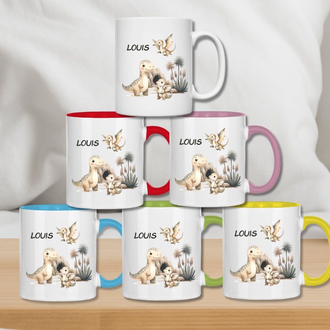 Kindertasse personalisiert – Keramiktasse mit Dinosaurier und Namen für Kinder