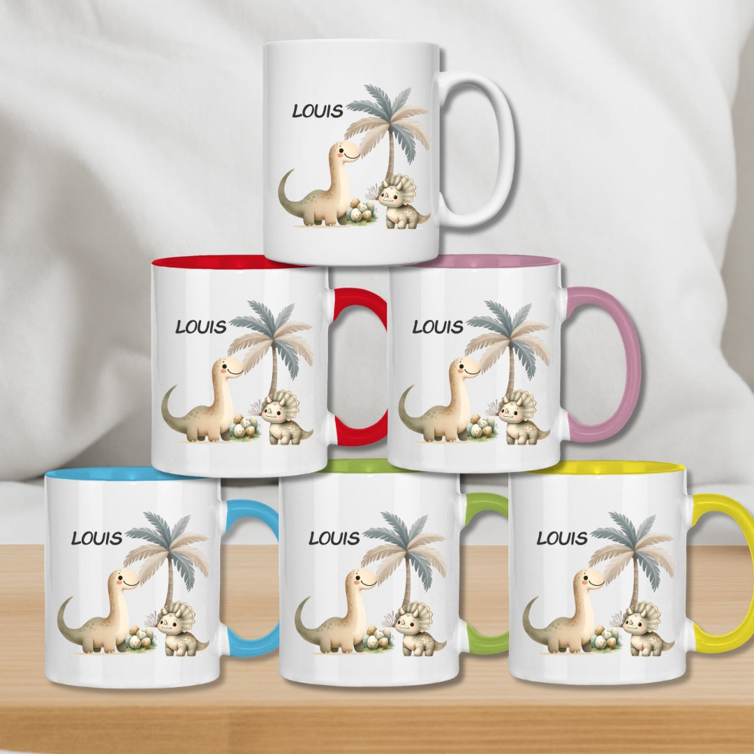 Kindertasse personalisiert – Keramiktasse mit Dinosaurier und Namen für Kinder