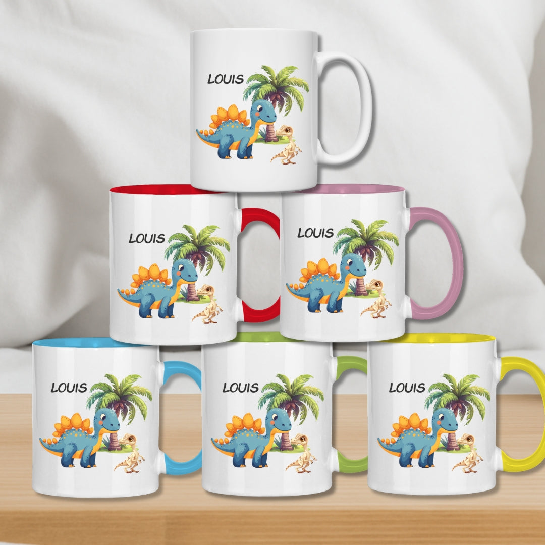 Kindertasse personalisiert – Keramiktasse mit Dinosaurier und Namen für Kinder