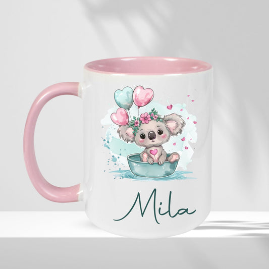 Tasse für Kinder rosa mit grünen Tierchen Motiven und Namen - Kuh Schweinchen Panda