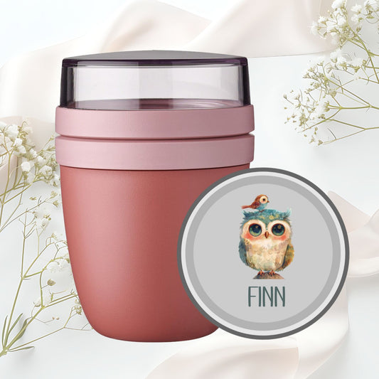 Lunchpot rosa mit lustigen Tier Motiven und Namen personalisiert - Löwe Fuchs Kuh