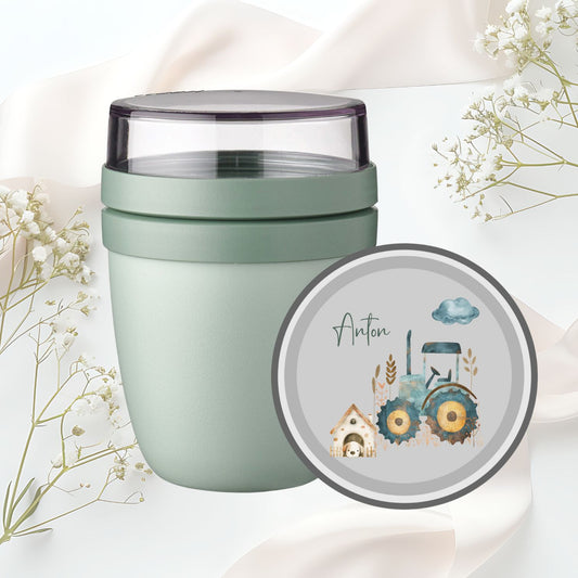 Lunchpot türkis mit Bauernhof Motiven und Namen - Pferd, Kuh, Dorf