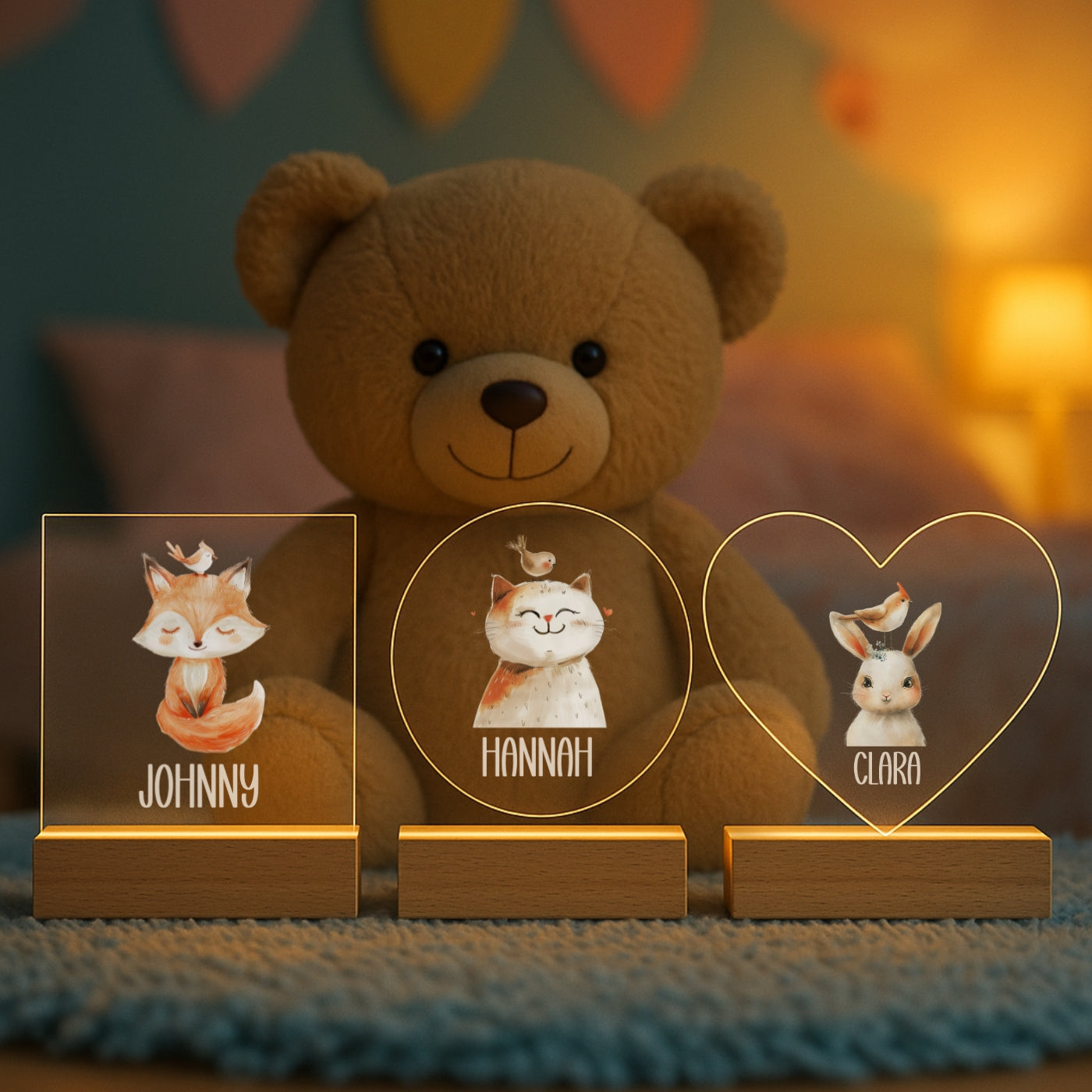 Personalisierte Nachtlampe Beige Tiere – LED-Lampe Kinderzimmer mit Namen graviert