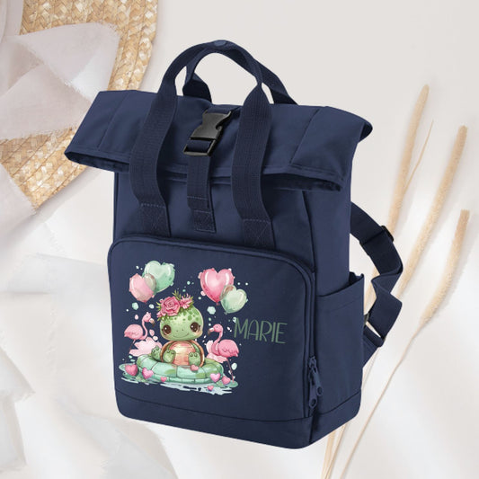 Kinder Rucksack blau Roll-Top mit grünen Tierchen Motiven und Wunschnamen - Kuh Koala Panda