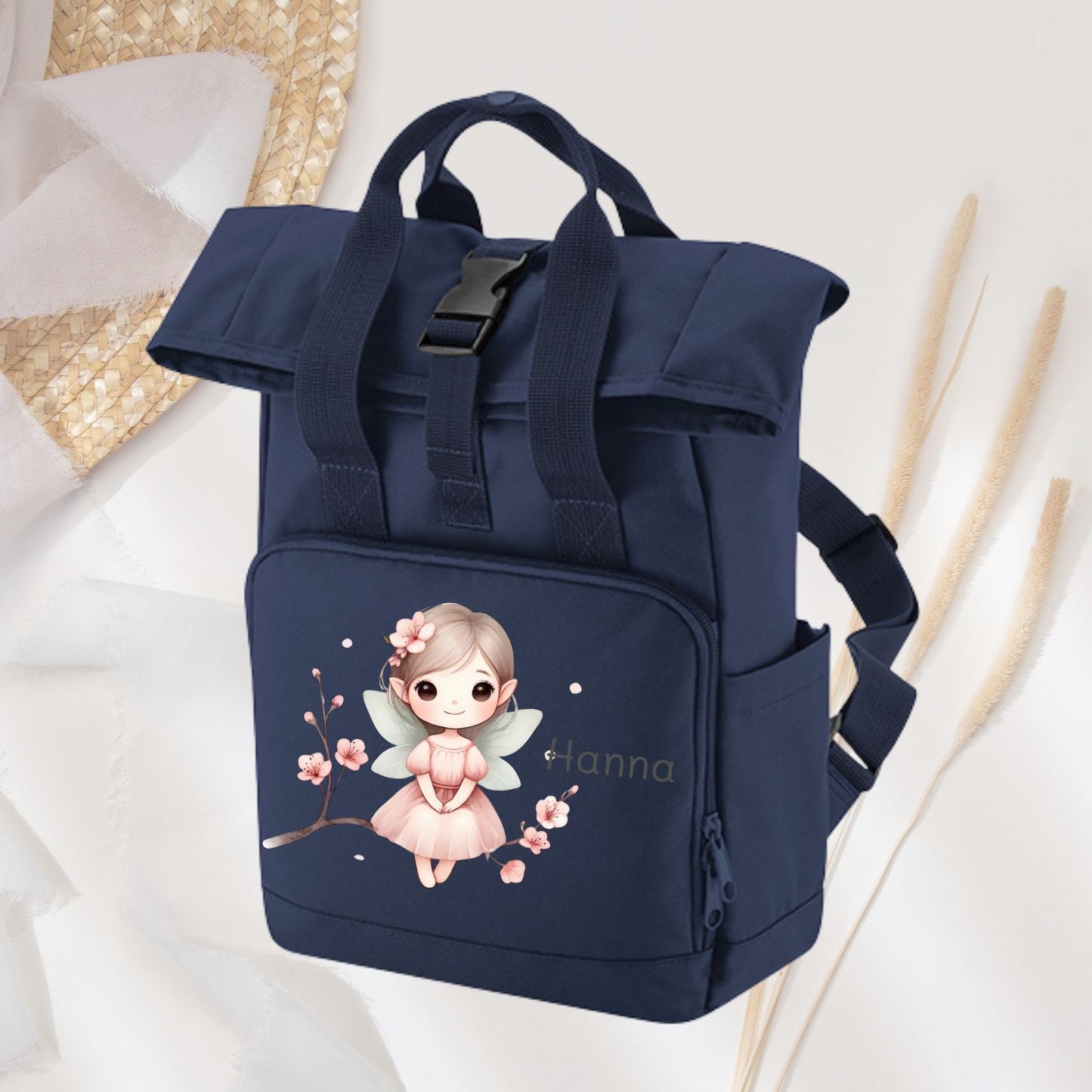 Rucksack für Kinder blau Roll-Top mit mädchenhaften Motiven und Wunschnamen - Prinzessin Ballerina Fee