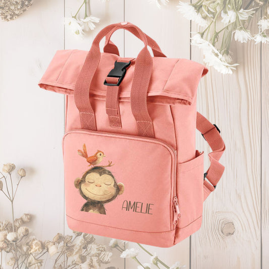 Rucksack für Kinder rosa Roll-Top mit lustigen Tier Motiven und Namen personalisiert -Kuh Löwe Fuchs