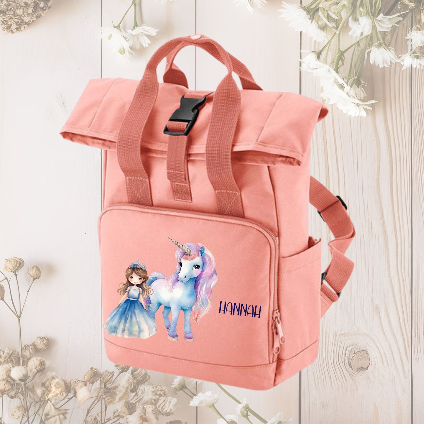 Kleinkind-Rucksack rosa Roll-Top mit mädchenhaften Motiven und Namen personalisiert -Fee Einhorn Meerjungfrau