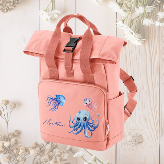 Kinder Rucksack rosa Roll-Top mit maritim Motiven und Wunschnamen - Delfin Oktopus Schildkröte