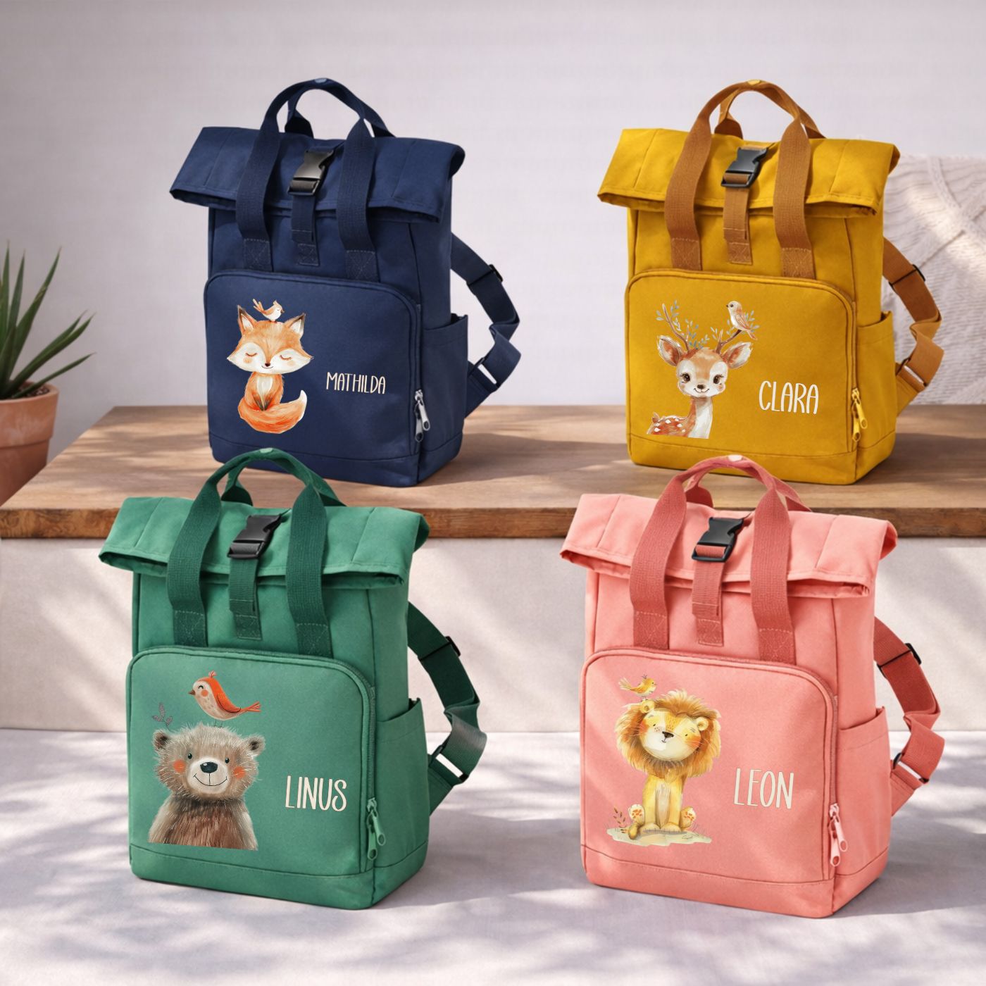 Kinderrucksack biege Tiere mit Namen personalisiert