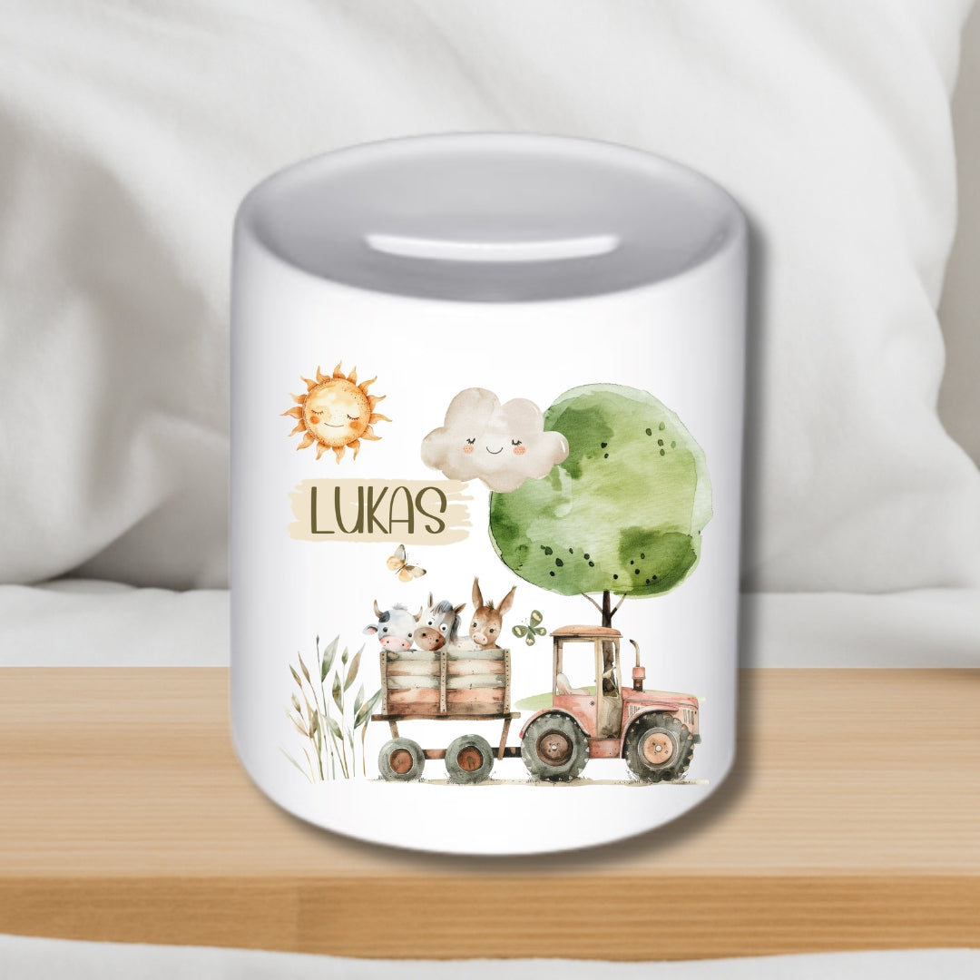 Spardose Traktor Bauernhof – Personalisiert mit Namen