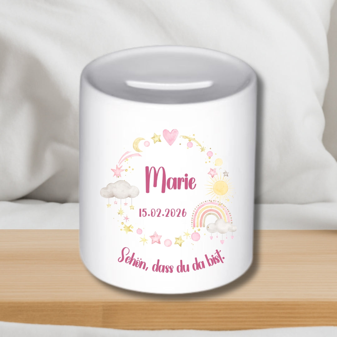 Spardose mit Namen und Geburtsdatum – Personalisiertes Geschenk zur Geburt oder Taufe