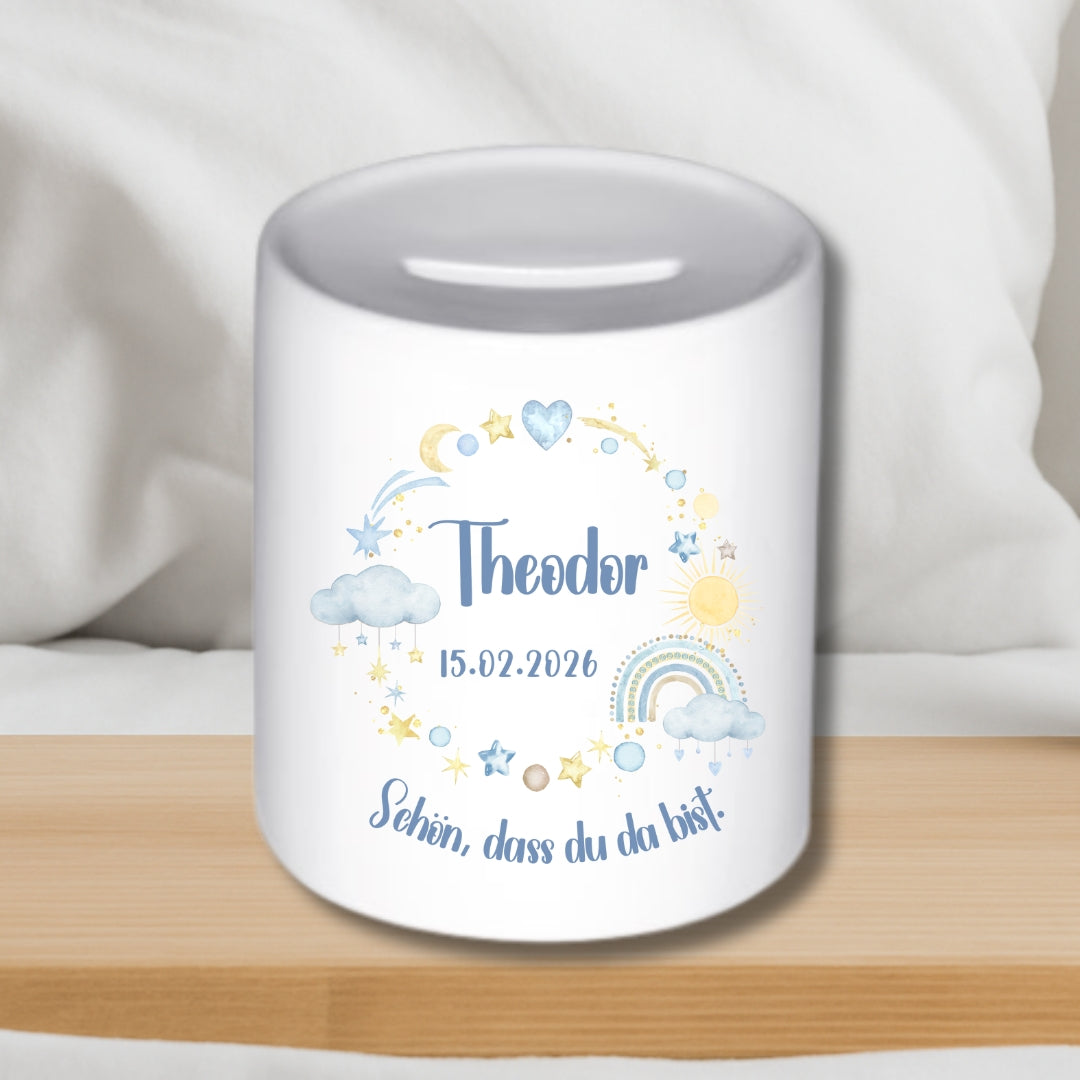 Spardose mit Namen und Geburtsdatum – Personalisiertes Geschenk zur Geburt oder Taufe