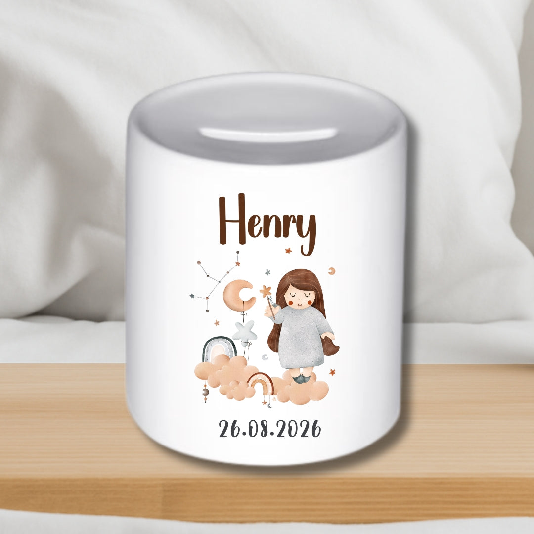 Spardose Sternzeichen mit Namen und Geburtsdatum – Personalisiertes Geschenk zur Geburt oder Taufe