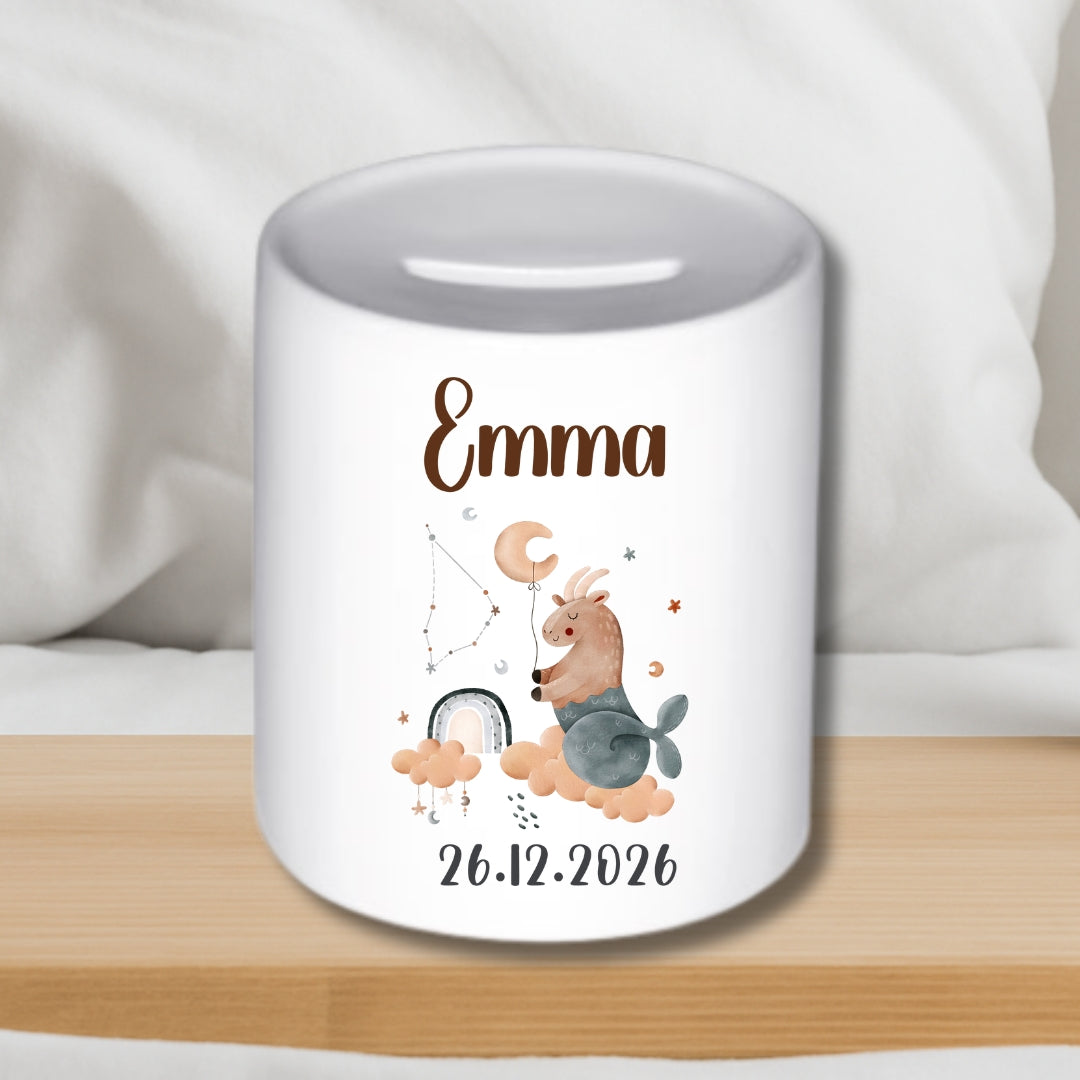 Spardose Sternzeichen mit Namen und Geburtsdatum – Personalisiertes Geschenk zur Geburt oder Taufe