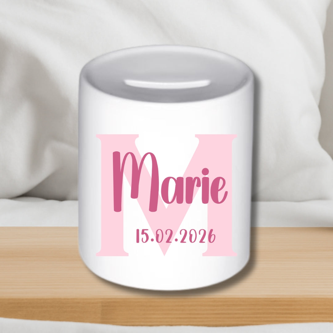 Spardose mit Namen und Geburtsdatum – Personalisiertes Geschenk zur Geburt oder Taufe
