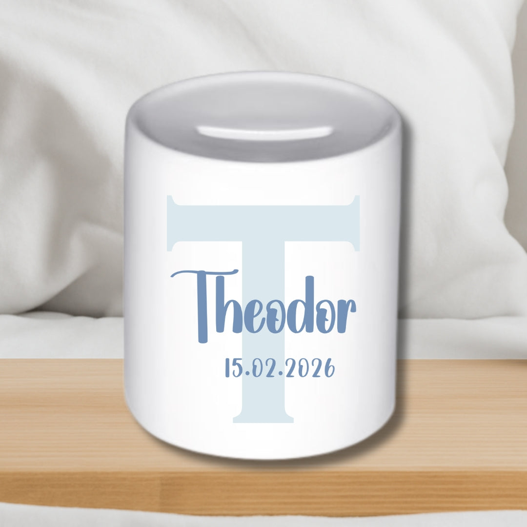 Spardose mit Namen und Geburtsdatum – Personalisiertes Geschenk zur Geburt oder Taufe