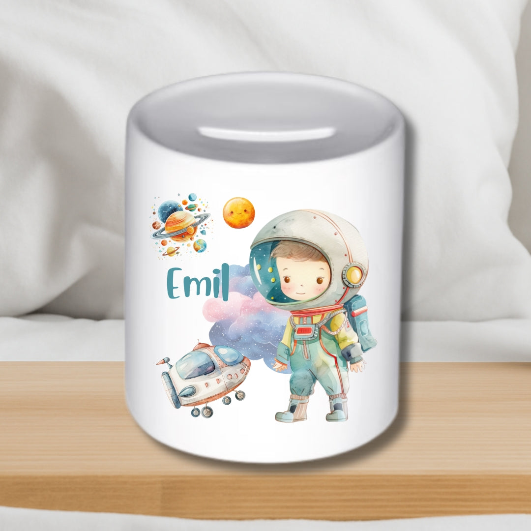Weltall – Astronaut & Rakete – Personalisierte Keramik-Spardose für Kinder