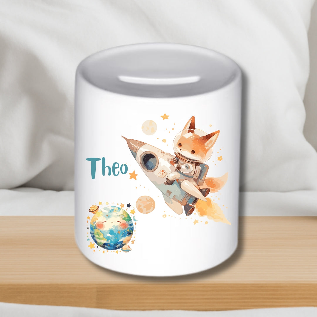 Weltall – Astronaut & Rakete – Personalisierte Keramik-Spardose für Kinder