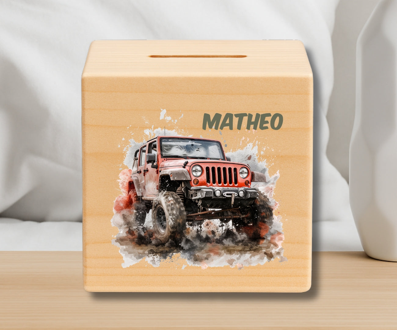 Holz Spardose Kinder personalisiert – Auto Motiv mit Namen – Geschenk Jungen