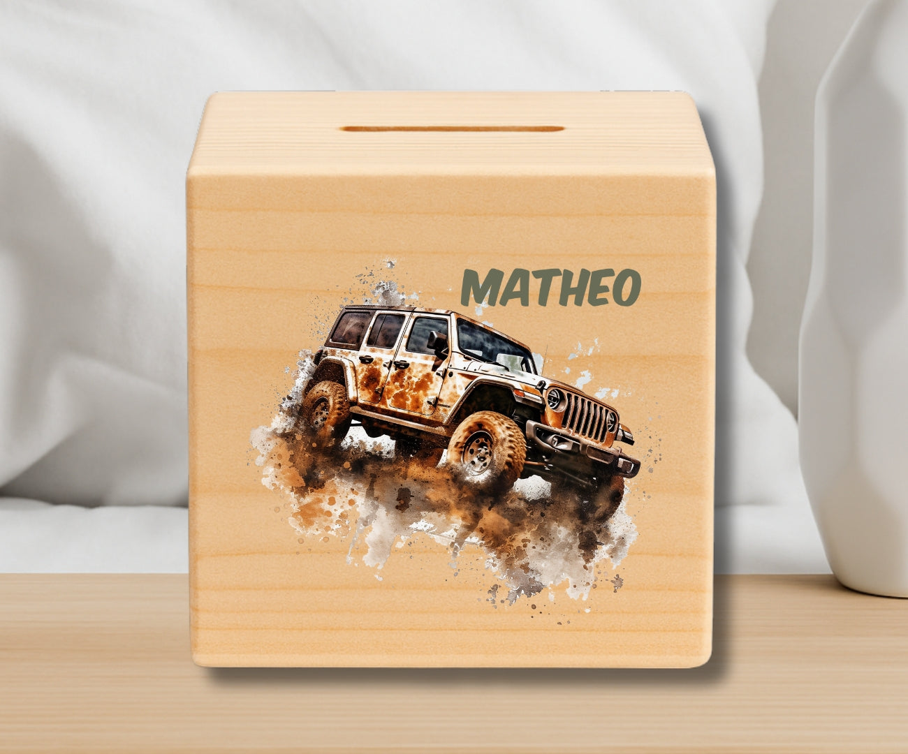 Holz Spardose Kinder personalisiert – Auto Motiv mit Namen – Geschenk Jungen