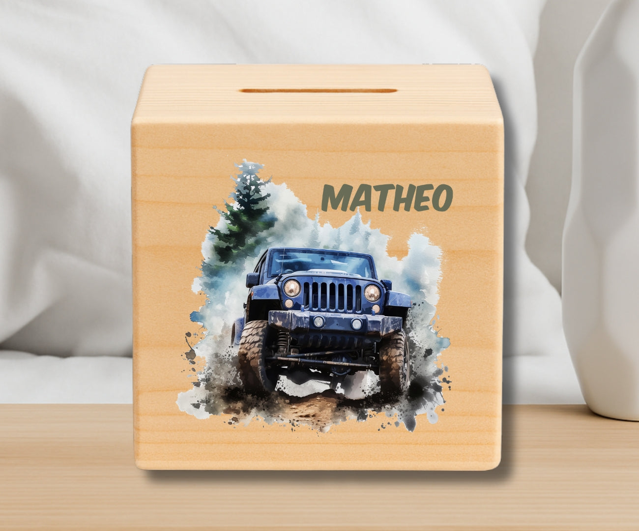 Holz Spardose Kinder personalisiert – Auto Motiv mit Namen – Geschenk Jungen
