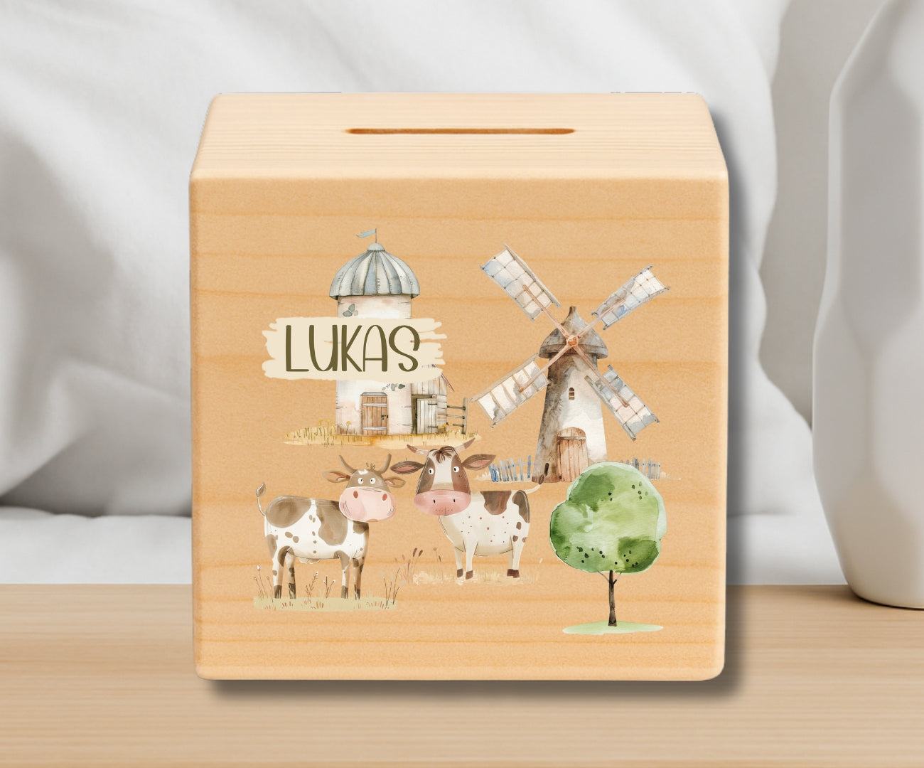 Holz Spardose Kinder personalisiert – Bauernhof Motiv mit Namen