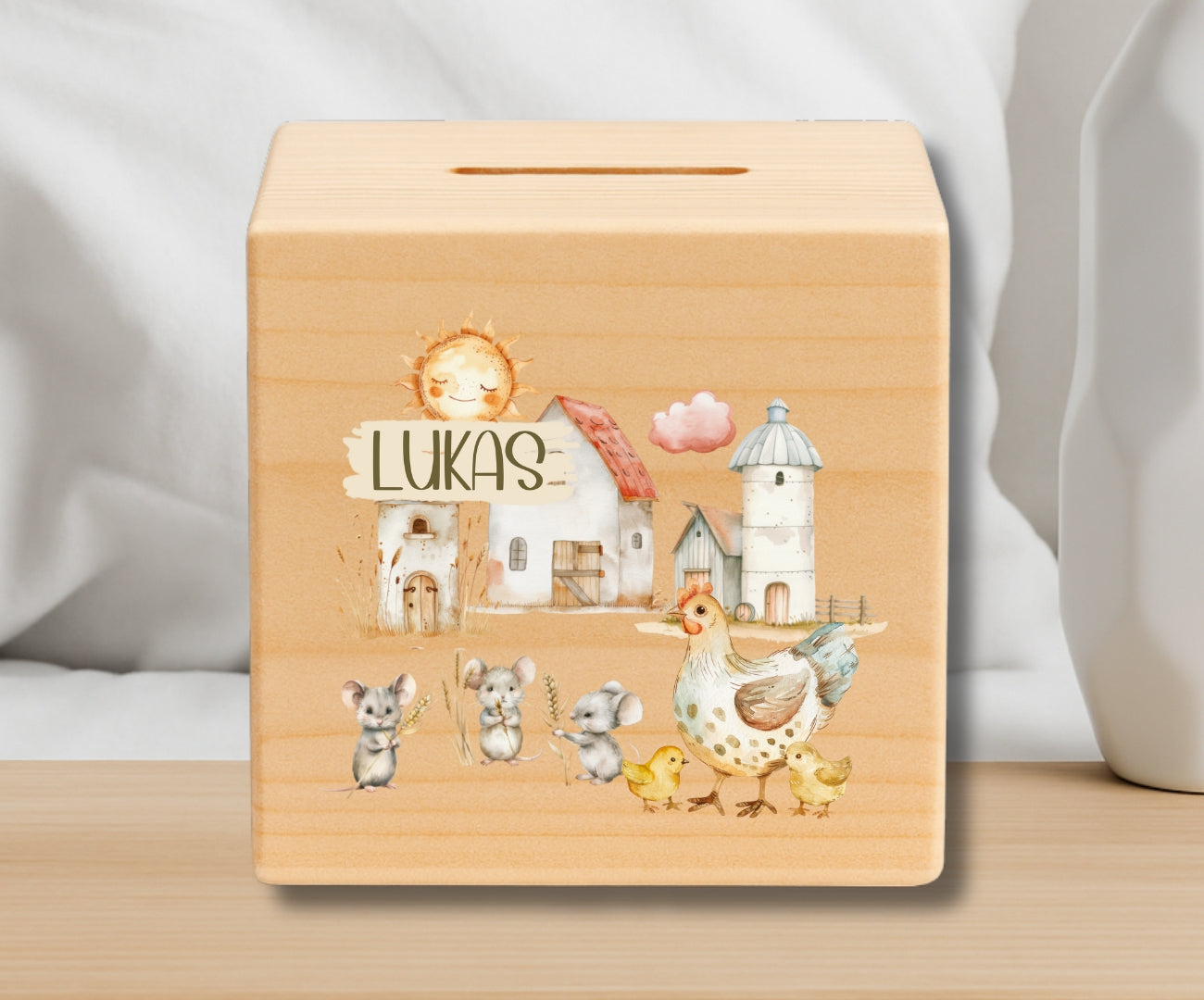 Holz Spardose Kinder personalisiert – Bauernhof Motiv mit Namen