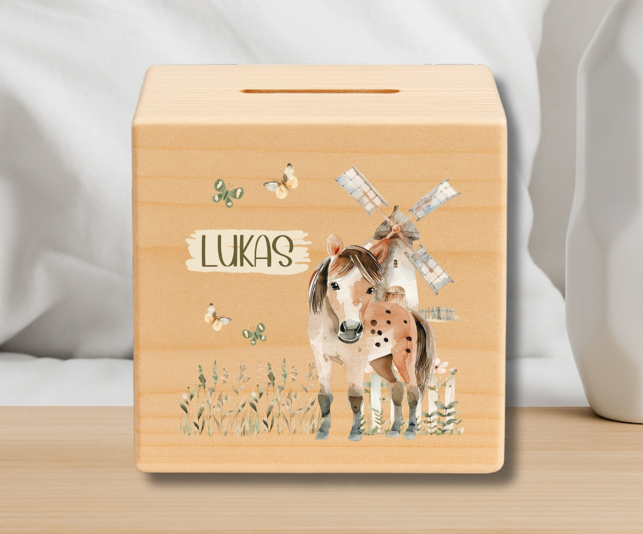 Holz Spardose Kinder personalisiert – Bauernhof Motiv mit Namen