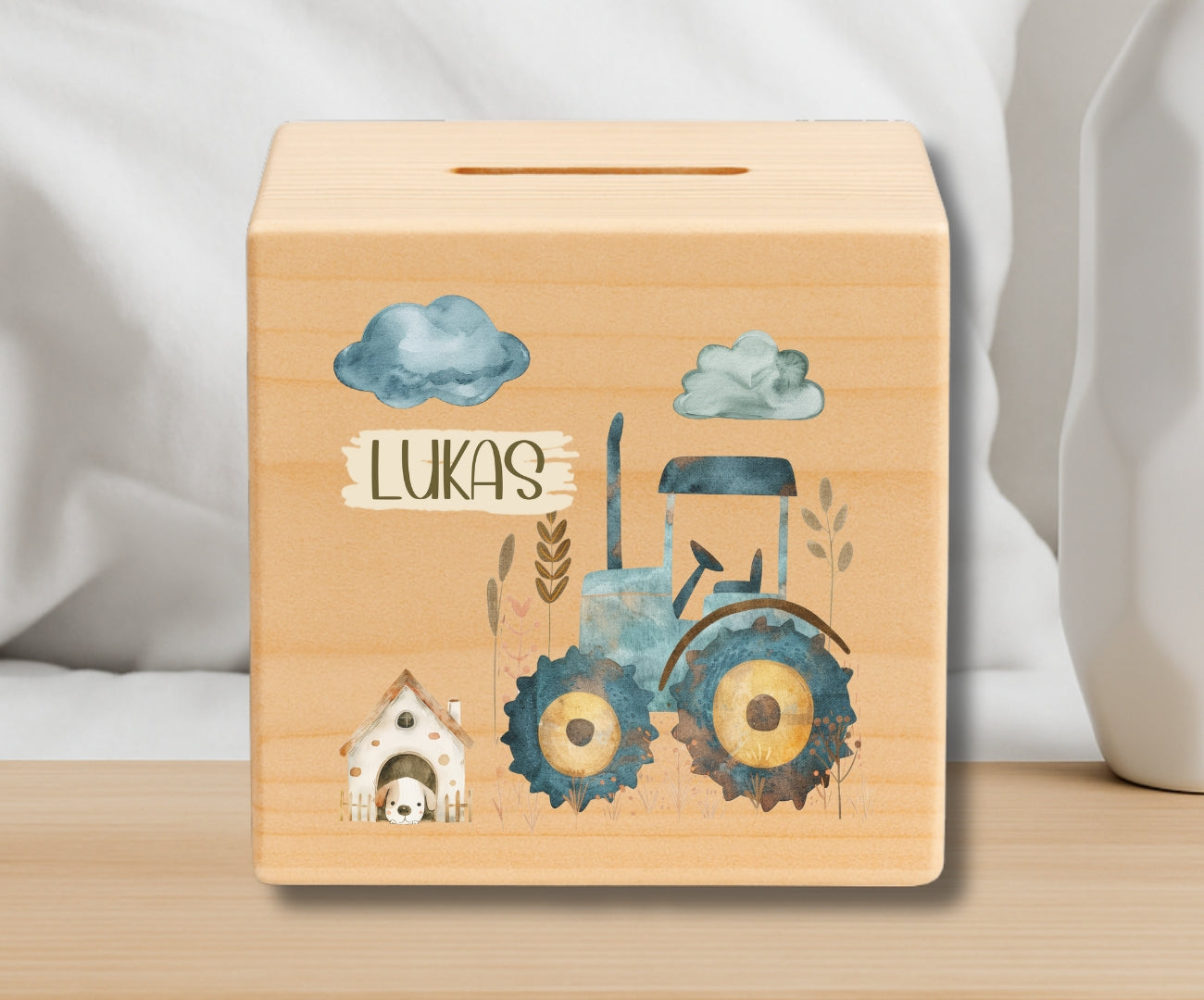 Holz Spardose Kinder personalisiert – Bauernhof Motiv mit Namen