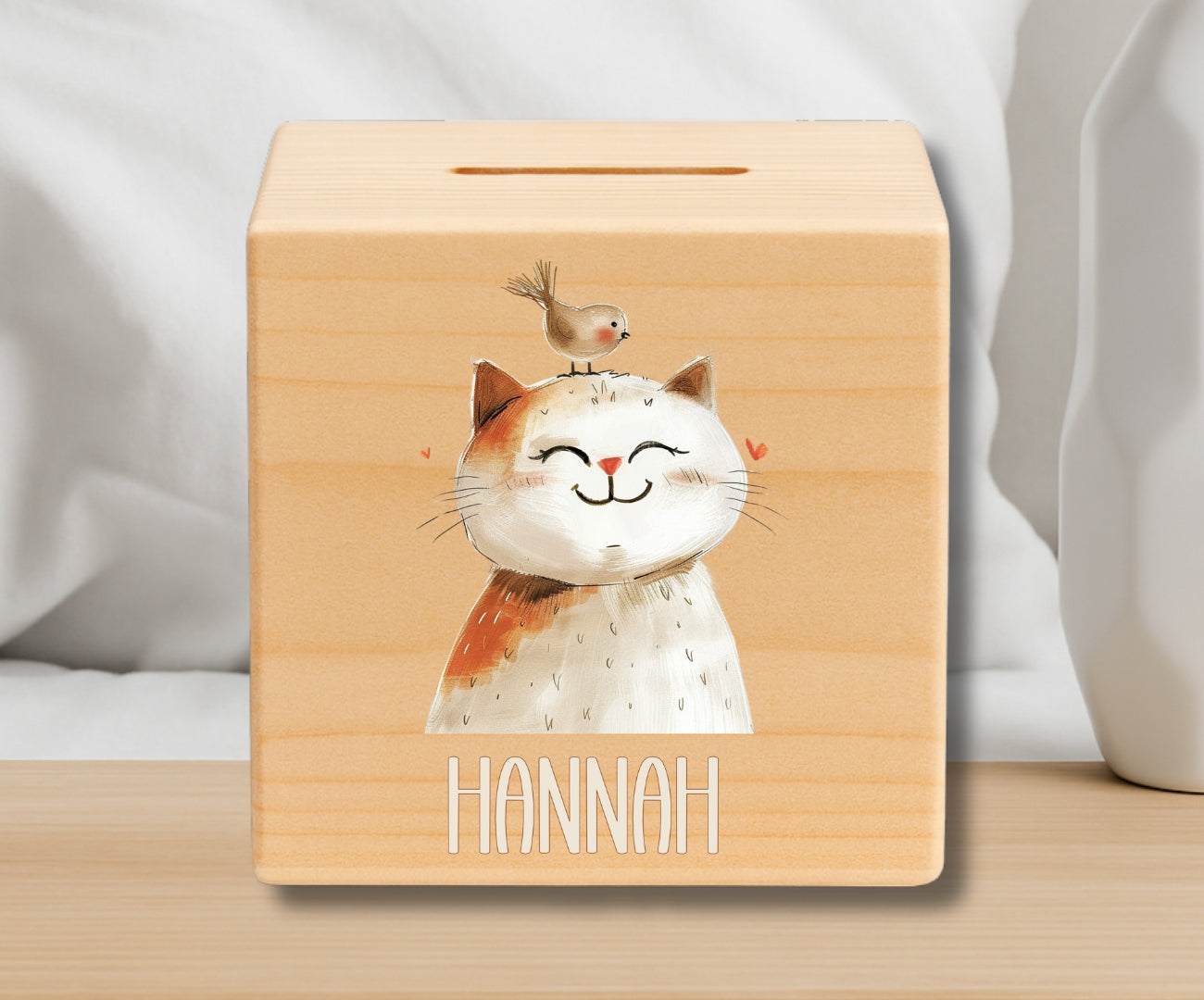 Holz Spardose Kinder personalisiert – Beige Tiermotive mit Namen