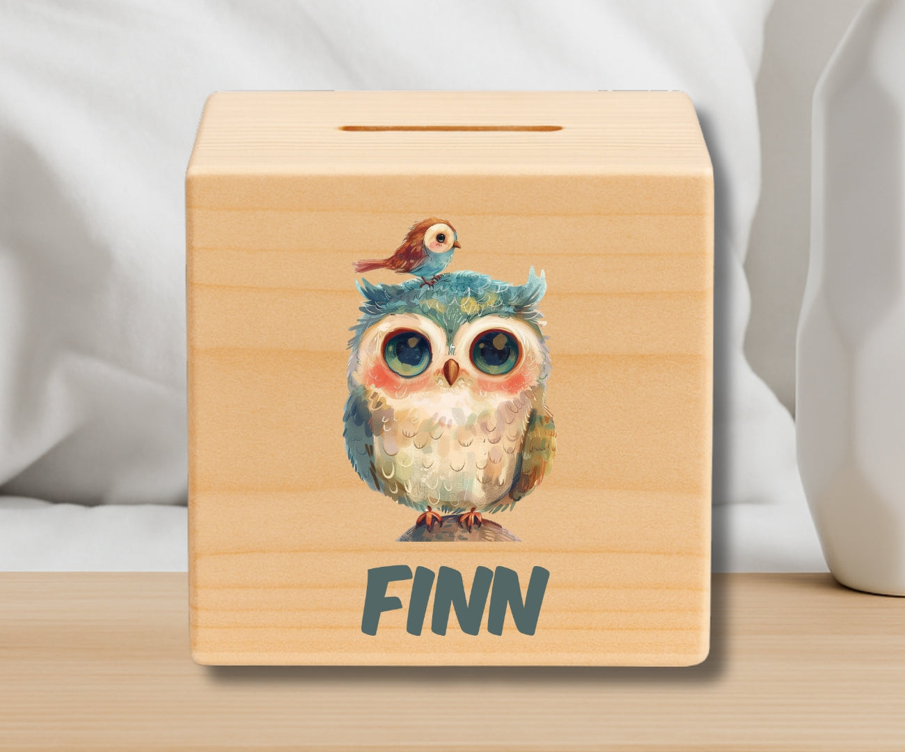 Holz Spardose Kinder personalisiert – Bunte Tiermotive mit Namen