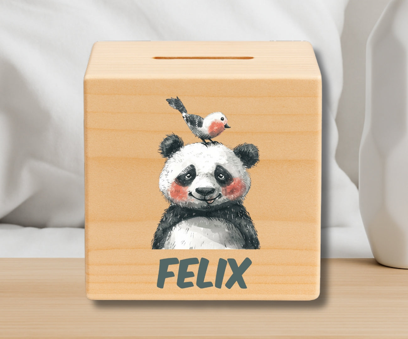 Holz Spardose Kinder personalisiert – Bunte Tiermotive mit Namen