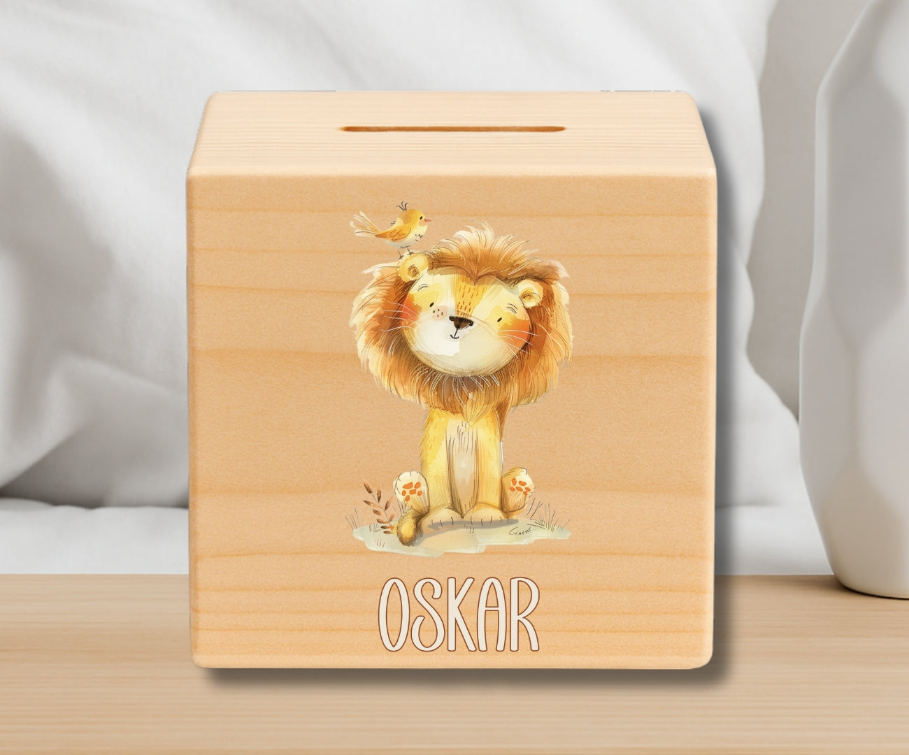 Holz Spardose Kinder personalisiert – Beige Tiermotive mit Namen