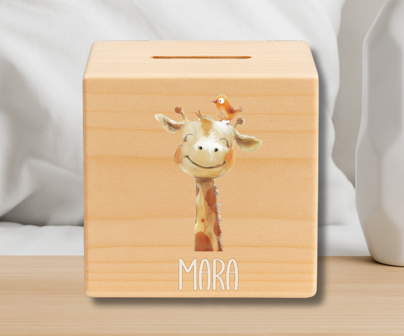 Holz Spardose Kinder personalisiert – Beige Tiermotive mit Namen