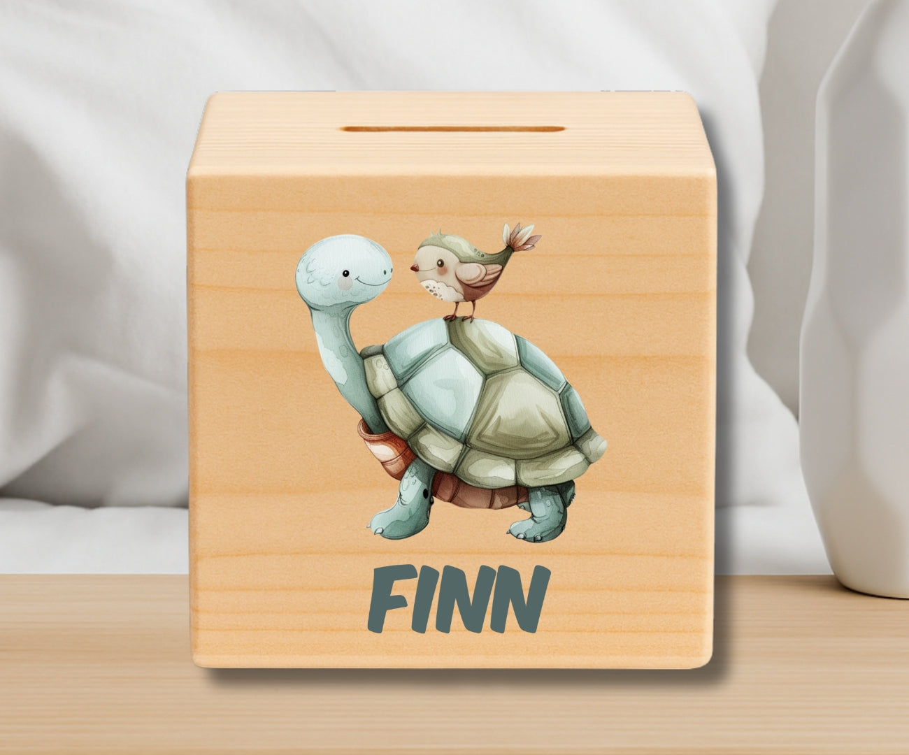 Holz Spardose Kinder personalisiert – Bunte Tiermotive mit Namen